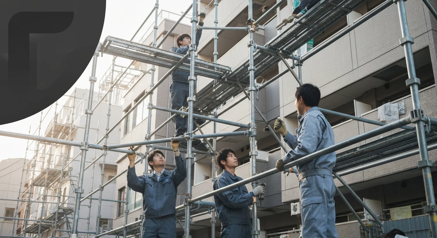建設現場の建物全体を覆う組立中の仮設足場