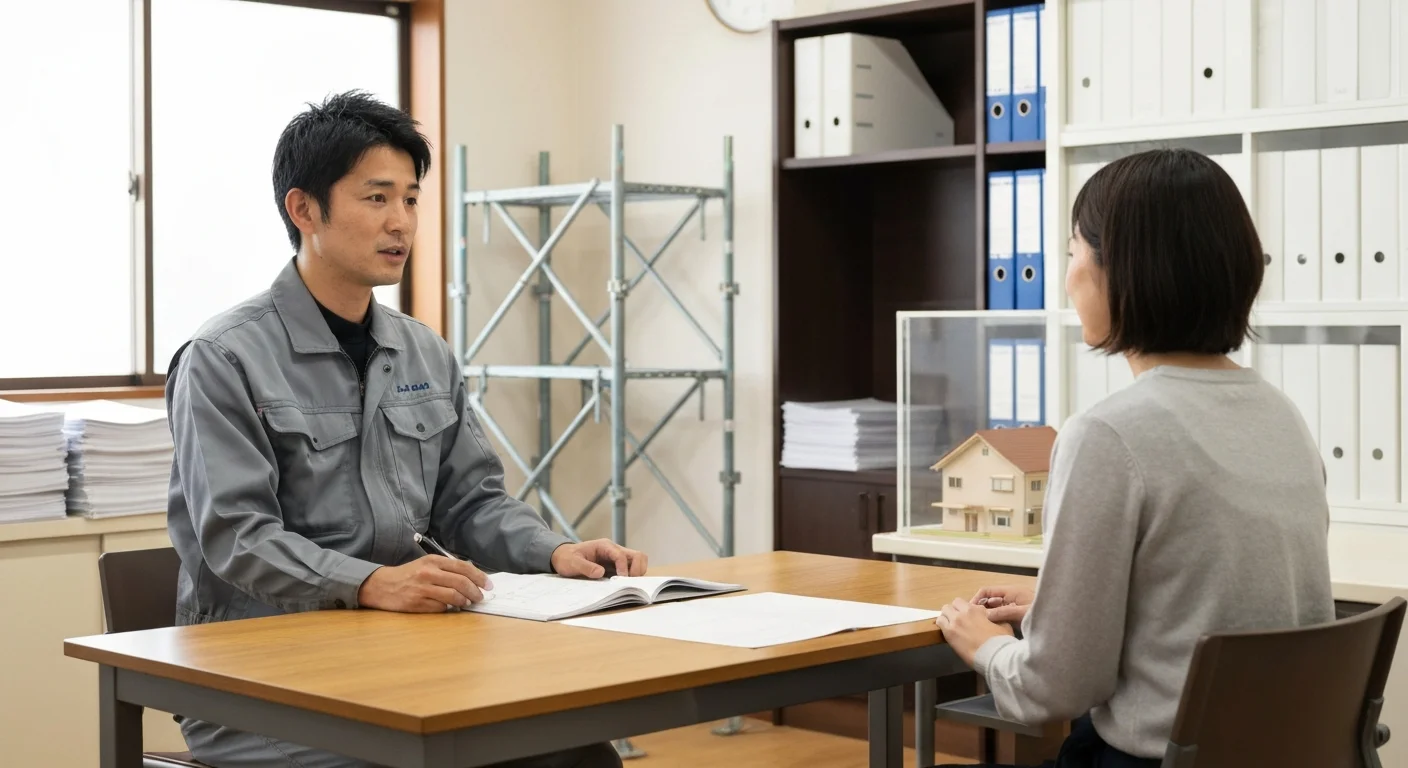 現場で図面を見ながら足場計画を相談する職人