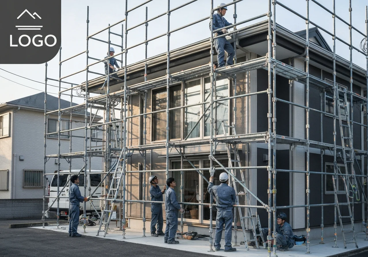 戸建住宅の外壁を囲む完成した仮設足場